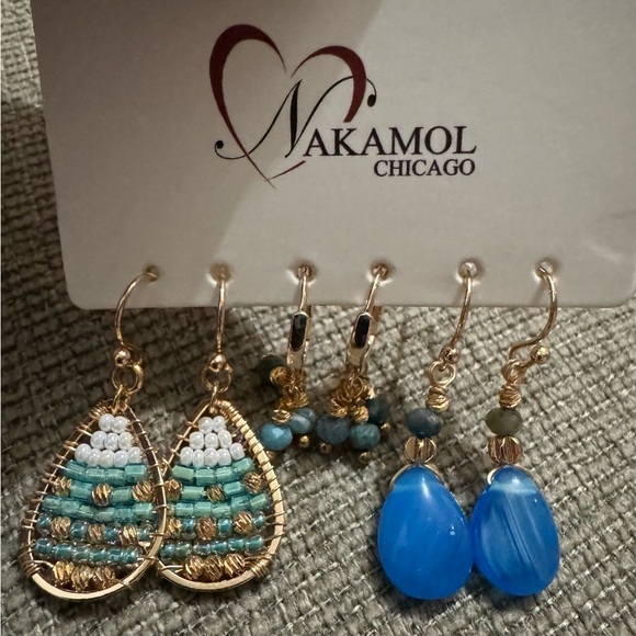 Nakamol Chicago Handmade beaded 3 Pairs of earrings Gold Tone NEW with Pouch - Picture 3 of 3